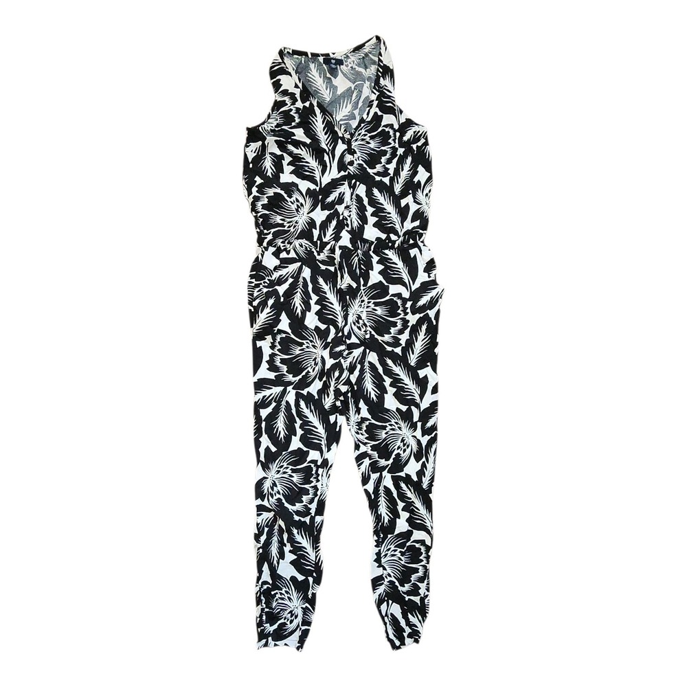 Gap Jumpsuit Womens Size S Small Black Floral Hawaiian Tropical Pockets Vacation - Picture 1 of 7